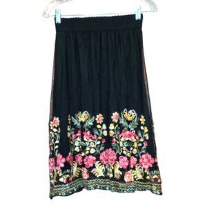 Magic Black Whimsigoth Skirt Dark Floral Embroidery Mesh Overlay Size M Pull On